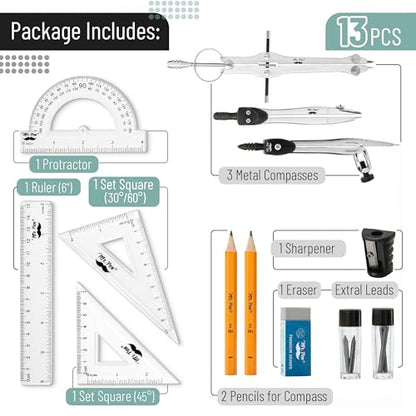 Mr. Pen- Geometry Set, 13 pcs, 3 Metal Compasses, Protractor, 6" Ruler | 45° & 30°/60° Set Squares, Pencils, Lead Refills, Sharpener & Eraser for Math, Drafting & Classroom Use | 45° & 30°/60° Set Squares, Pencils, Lead Refills, Sharpener & Eraser for Mat