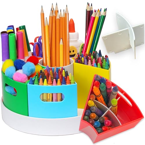 8.6" Desk Art Supply Organizer for Kids – Compact Rotating Lazy Susan Art Caddy with Dividers for Crayons, Markers & Pencils, Classroom Storage for Teachers Students Homeschool - color: Rainbow