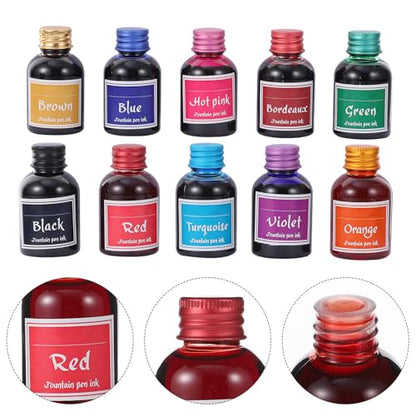 NUOBESTY 10 Bottles Fountain Pen Ink Non-Clogging Non-Carbon Dye Ink with Good Fluidity for Dip Pens and Calligraphy Drawing Desk Decoration