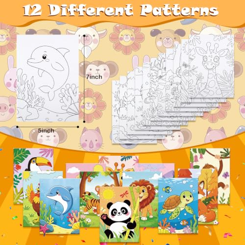 Anseal 12 Packs Pre Drawn Canvas to Paint, 5" X 7" Cute Animals Pre Printed Canvas for Painting, Pre Stretched Canvas Outline Painting Boards for Party Favor - style: Animals