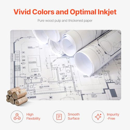 VEVOR 24 in x 150 ft Plotter Paper, 6 Rolls, 20 LB Bond, Architectural D/E, 2496 Sheets, White, Uncoated, Biodegradable, 94% Opacity, Ideal for CAD, Engineering, GIS Maps & Architectural Designs - size: 24 in x 150 ft, style: 6 Rolls