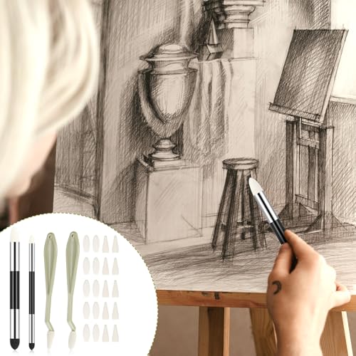 24pcs Oil Pastel Blending Tools, Artist Blending Sponge Pen and Stump Dual Headed Stumps Sketch Trimmer Erase Sponge Wipe Brush with 20 Rubbing Head Pencil Sketch for Highlighting Shading