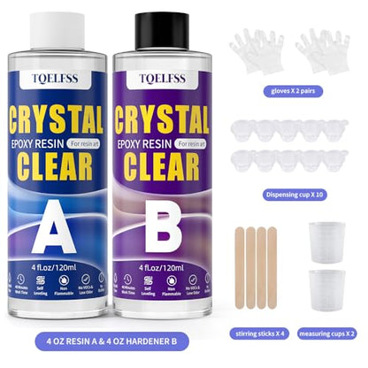 TQELFSS Epoxy Resin Kit 8 OZ, Clear Epoxy Resin (4 OZ×2), Fast Curing, Self Leveling, No Yellowing Casting Resin for Jewelry Making, Resin Molds, Flower Preservation, Easy Mix 1:1 - size: 8oz