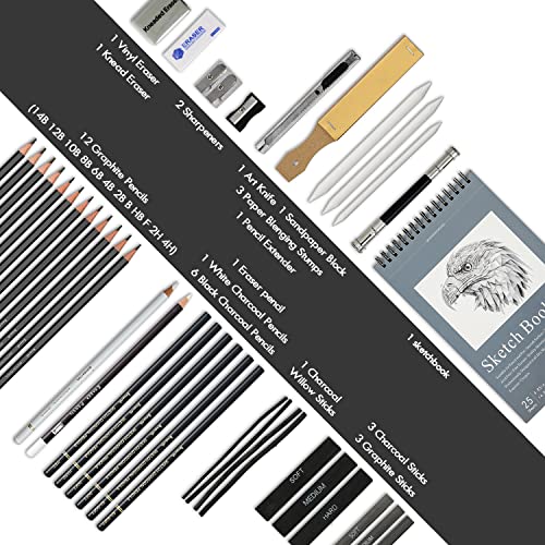 Brusarth 42 Pack Drawing Set Sketching Kit, Pro Art Sketch Supplies with Sketchbook, Include Graphite Pencil, Charcoal Pencil, Sharpener, Eraser Art Supplies for Artists Adults Teens Beginner