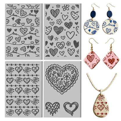 4 Sheets Heart Pattern Polymer Clay Texture Sheet Artistic Lines Patterns Rubber Texture Mat for Polymer Clay Making Earrings Jewelry DIY Crafts 4 × 2.5 Inch - style: Heart Pattern
