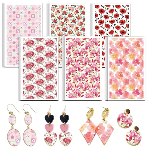 OLYCRAFT 24Pcs Pink Red Flower Clay Transfer Paper 6 Styles Transfer Paper for Polymer Roses Poppies Polymer Clay Transfer Sheets Lily Transfer Paper for Clay Earrings Jewelry Making - style: Pink flower