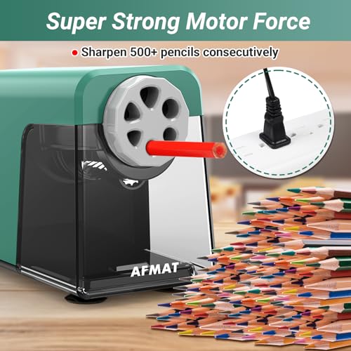 AFMAT Heavy Duty Electric Pencil Sharpener, 6 Holes, Auto Stop Pencil Sharpeners for 6-11mm Pencils, Classroom Electric Sharpener for Artists, 7000 Sharpenings, Save Pencils, PSX1 - color: Green