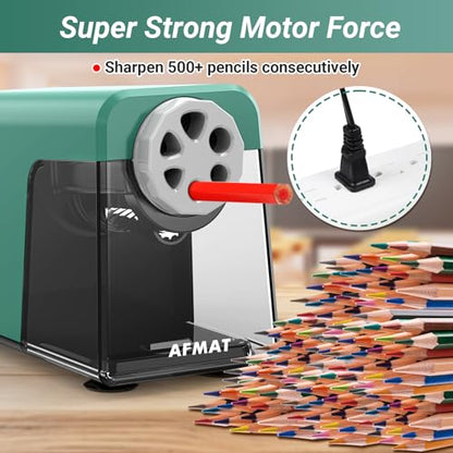 AFMAT Heavy Duty Electric Pencil Sharpener, 6 Holes, Auto Stop Pencil Sharpeners for 6-11mm Pencils, Classroom Electric Sharpener for Artists, 7000 Sharpenings, Save Pencils, PSX1 - color: Green