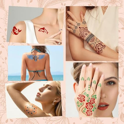 Temporary Body Art Tattoo Kit with 9 Colors Cones,18 Reusable Stencils, 255 Pcs Designed Tattoos Pattern,Mixing Bottles, Brush & Gloves, DIY Skin Art Set for Festivals, Parties & Creative Makeup - color: E-9Pcs