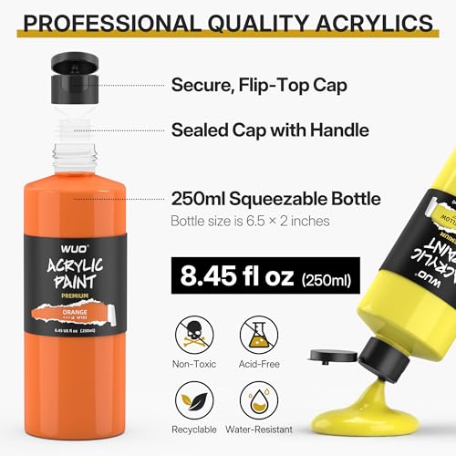 WUO 24 Colors Acrylic Paint Set, 250ml/8.45oz Bottles Acrylic Paint, Professional Large Bulk Rich Pigment, Non-Toxic Multi-Surface Art Supplies for Artists Beginners Adults on Canvas Wood Rock Crafts - color: 24 Colors