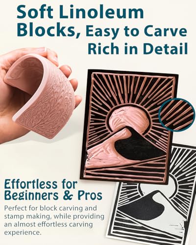 Bluvizo Linocut Tools Block Printing Kit: Stamp Carving Printmaking Kit Supplies with Ink, 12 Rubber Blocks, Brayer, Linoleum Cutters, Tracing Papers, Instruction for Beginners Hobby DIY Gift