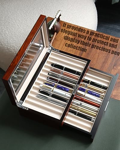 Pen Display Case with 24 Slots - Fountain Pen Storage Organizer with Glass Window (Brown Ash Veneer Finish, Creamy-White Velvet) - color: brown 24 slots, white velvet