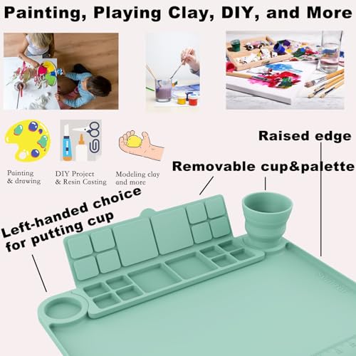 Svartur Silicone Painting Mat with Cup and Palette Detachable, 17"X13" Thick Silicone Craft Mat with Raised Edge for Artist, Painting Station Creator Mat, Green - color: Green