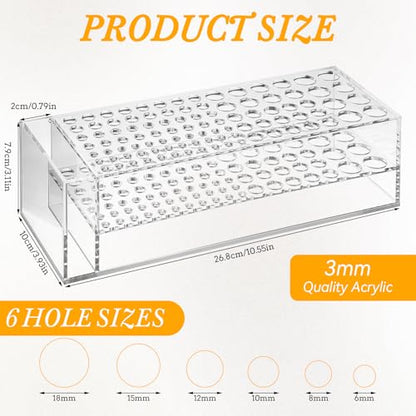 Acrylic Paint Brush Holder, 98 Holes Art Supply Organizer for Paintbrushes, Markers, Pencils & Makeup Tools – No Assembly Required Desktop Stand with 6 Hole Sizes and Multi-Functional Compartment