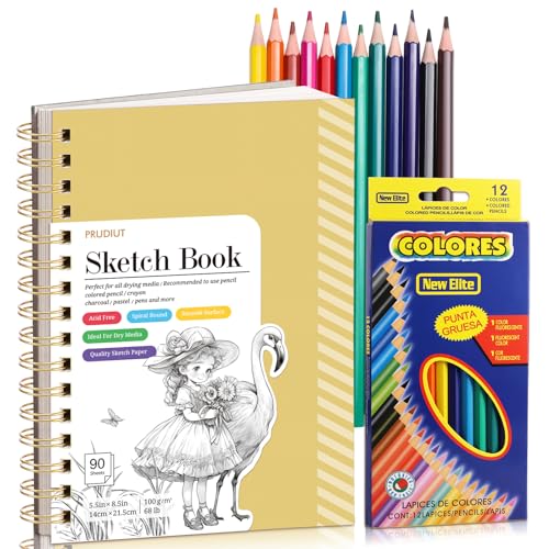Sketch Book with 12 Color Pencil Set, 90 Sheets Spiral Sketchbook for Drawing (68lb/100gsm), Acid-Free Sketch Pad for Artist, Art Paper Drawing Supplies for Gifts(Yellow) - color: Yellow, size: 5.5×8.5 Inch (1 Pack)