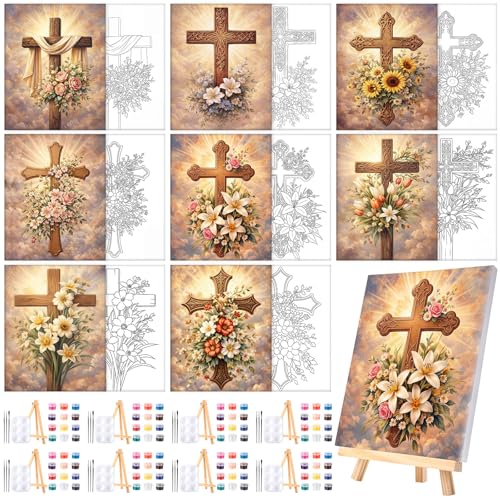 8 Sets 8" x 10" Cross and Flowers Pre Drawn Canvas for Painting for Sip and Paint Party Religious Floral Predrawn Coloring Set Pre Sketched Canvas Boards with Paints and Brushes for Adult - style: Cross & Flowers