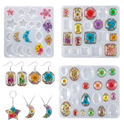 Earring Resin Mold with Holes Silicone Pendant Epoxy Mold 3 Packs | Geometric Gem Cabochon Jewelry Casting Variety Shapes Sizes for DIY Earrings Necklace Keychain Crafting Resin Supplies