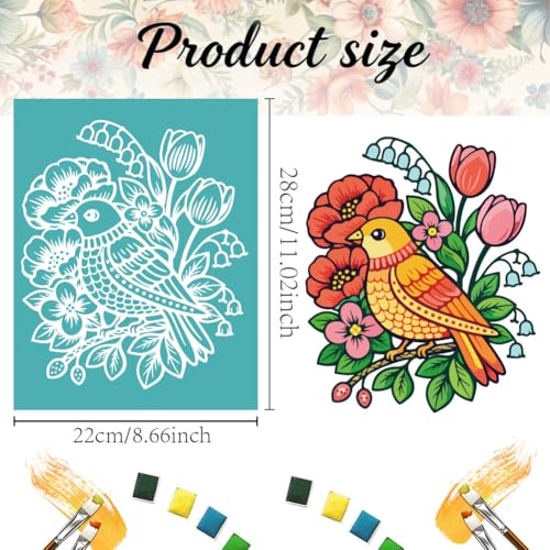 2 Pcs Flower Silk Screen Stencil, Bird Floral Self-Adhesive Reusable Silk Screen Printing Stencils Templates for Painting on Wood, T-Shirts, Bags, Home Decor & Festival Crafts - style: Bird with Flower