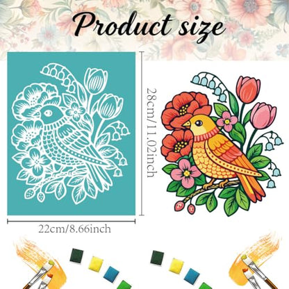 2 Pcs Flower Silk Screen Stencil, Bird Floral Self-Adhesive Reusable Silk Screen Printing Stencils Templates for Painting on Wood, T-Shirts, Bags, Home Decor & Festival Crafts - style: Bird with Flower