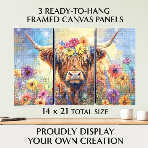ArtSkills Diamond Painting Kit, Diamond Art Ready to Hang Framed Canvas with Storage and Accessory Kit, Highland Cow, 3 Stretched Canvas Panels, 14” x 7” Each - color: Highland Cow