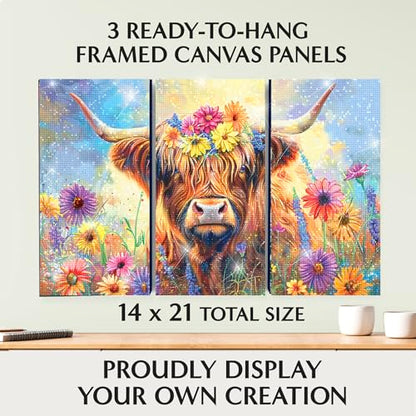 ArtSkills Diamond Painting Kit, Diamond Art Ready to Hang Framed Canvas with Storage and Accessory Kit, Highland Cow, 3 Stretched Canvas Panels, 14” x 7” Each - color: Highland Cow