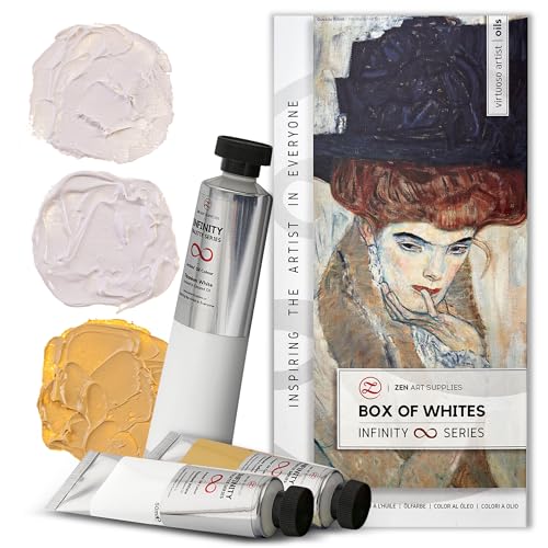 Box of Whites by ZenART for Flawless tints - 6.75 fl oz (200ml) Titanium White, 1.7 fl oz (50ml) Zinc Titanium White & Naples Yellow Ochre - Non-Toxic, Highly Pigmented, Creamy, Lightfast Oil Paints - color: Box of Whites – (1 × 6.76oz/ 200ml) + (2 × 1.7o