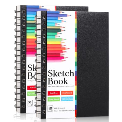 9" x 12" Sketch Book, 2-Pack 50 Sheets Top-Spiral Bound Sketchbook Drawing Pad, 100gsm Perforated Pages Art Supplies for Beginner Artists Students Drawing Painting Sketching - size: 9x12