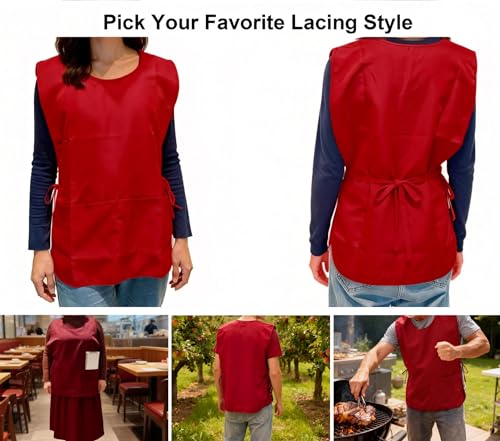 Large Smock Cobbler Apron for Men & Women, Adjustable Side Ties & 2 Pockets - color: Red