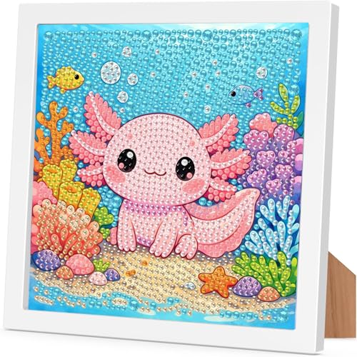 Axolotl Diamond Art Painting Kits for Kids with Frame, Animal Diamond Art for Kids Ages 4-8-12 with Frame, Easy Small Cute Gem Painting Kit for Gift Home Wall Decoration (7x7 inch) - color: CC1071-US