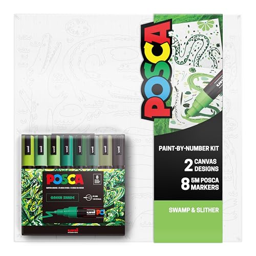 POSCA Canvas Paint by Number Kit, Swamp & Slither - 8 Acrylic Markers with 2 Pre-Drawn Canvases - Gift Set for Artists, Adults and Kids - color: Swamp & Slither