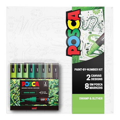 POSCA Canvas Paint by Number Kit, Swamp & Slither - 8 Acrylic Markers with 2 Pre-Drawn Canvases - Gift Set for Artists, Adults and Kids - color: Swamp & Slither