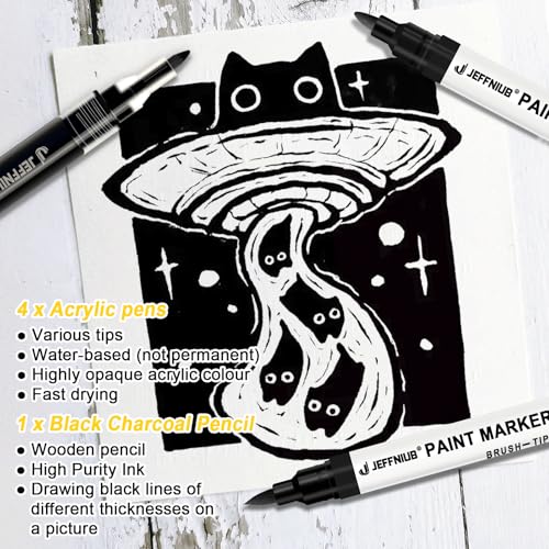 5 Black Paint Pens - Fine Tip, Brush Tip, Round Tip, Chisel tip & Pencil Point Pens, Black Acrylic Paint Markers for Rock Painting, Wood, Metal, Fabric, Canvas, Highlighting, Sketching