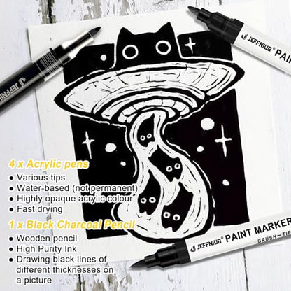 5 Black Paint Pens - Fine Tip, Brush Tip, Round Tip, Chisel tip & Pencil Point Pens, Black Acrylic Paint Markers for Rock Painting, Wood, Metal, Fabric, Canvas, Highlighting, Sketching