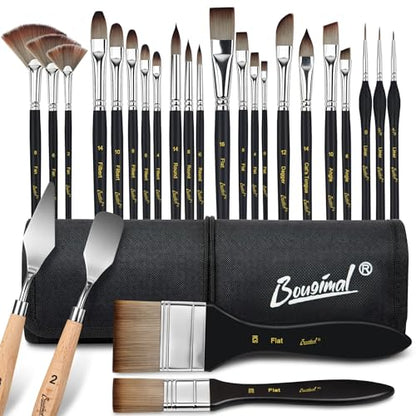 Bougimal 26pcs Paint Brush Set, Professional Acrylic Paint Brushes with Flat, Filbert, Fan, Dagger, Cat Tongue, Round, Palette Knife, Artist Paint Brushes for Acrylic Painting, Oil, Watercolor (Black) - color: Black
