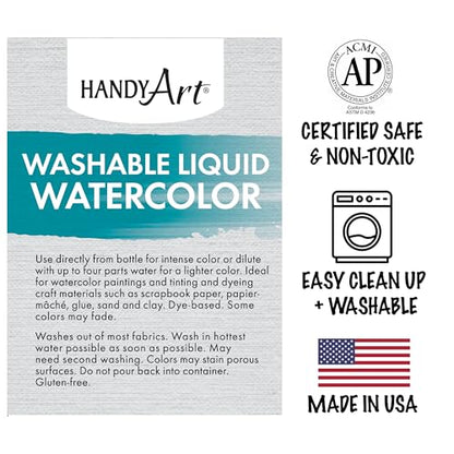 Handy Art Washable Liquid Watercolor, Set of 6 Metallic Colors, 8 oz Bottle, Dye-Based Color, Easy to Dilute with Water, Ready to Use Concentrated Paint, Certified Safe & AP Non-Toxic, Made in USA - color: Metallic Brass, Metallic Copper, Metallic Gold, M