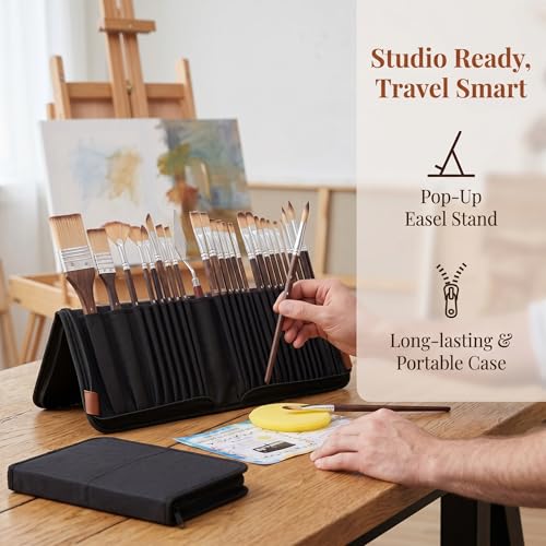 26pcs Paint Brush Set, Includes Flat, Filbert, Fan, Dagger, Cat Tongue, Round, Angle, Rigger & Palette Knife, Travel Paint Brushes for Acrylic Painting, Watercolor, Oil, Canvas, Face Painting