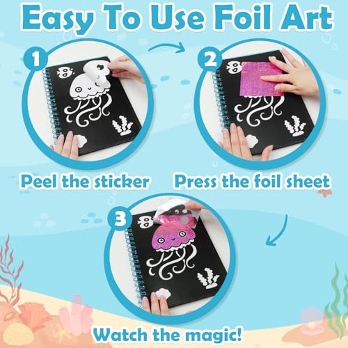 FUNNYB&G Foil Art Craft Kit for Kids 4-10 Years Old: Mess-Free & No-Glue, Create 16 Sparkly Ocean Pictures – Perfect Travel Toy & Birthday Gift for Kids (Ocean) - style: Ocean