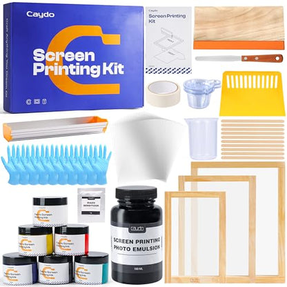 Caydo 57 Pieces All-in-One Screen Printing Kit with 3 Sizes Wood Screen Printing Frames, 15 A4 Size Inkjet Transparency Films, 6 Colors Screen Printing Ink, Photo Emulsion, Squeegee and Scoop Coater