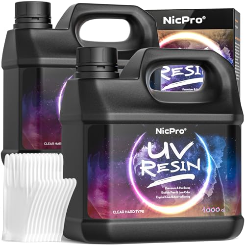 Nicpro UV Resin Kit 2000g, Large Crystal Clear UV Cure Epoxy Resin Supplies, Low Odor & Quick Curing Transparent Solar Activated Glue for Jewelry Making, Handmade DIY Craft, Coating and Casting - size: 2000 g