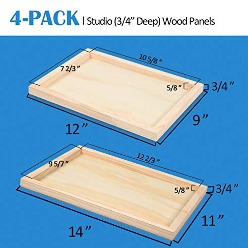 Falling in Art Unfinished Birch Wood Canvas Panels Kit, 4 Pack of 2 Sizes 11x14' and 9x12' Studio 3/4’’ Deep Cradle Boards for Pouring Art, Crafts, Painting, and More - size: 9*12 11*14 2-Pack