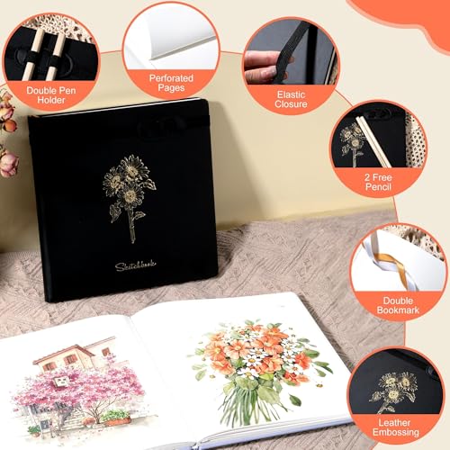 Yoment Hardcover Sketch Book, Sketchbook for Drawing with 2 Pencils, 150GSM Thick Paper, Square Art Sketch Book Drawing Paper Book 160 Pages Sketch Pad Journal for Women Adults,Gift Boxed, Black - color: Black