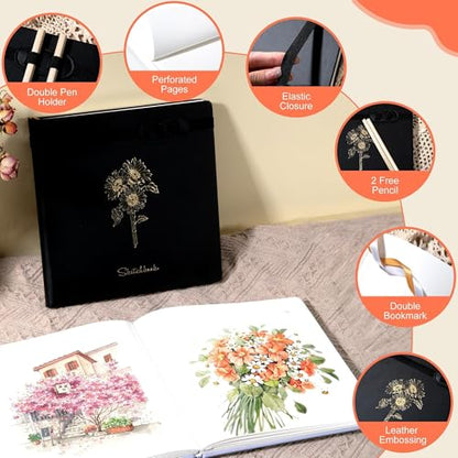 Yoment Hardcover Sketch Book, Sketchbook for Drawing with 2 Pencils, 150GSM Thick Paper, Square Art Sketch Book Drawing Paper Book 160 Pages Sketch Pad Journal for Women Adults,Gift Boxed, Black - color: Black