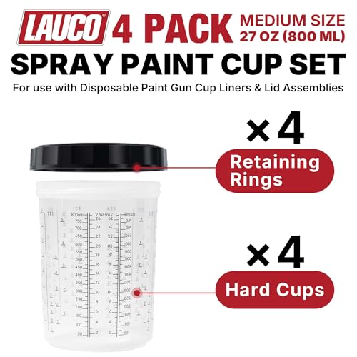 LAUCO 4 Pack Paint Spray Gun Hard Cup Set, 800ML (27 Oz) Reusable Mixing Cups with Retainer Rings, Compatible with Disposable Paint Cup Liner and Lid Systems for Automotive Paint, Primer, Clear Coat - size: 800ML