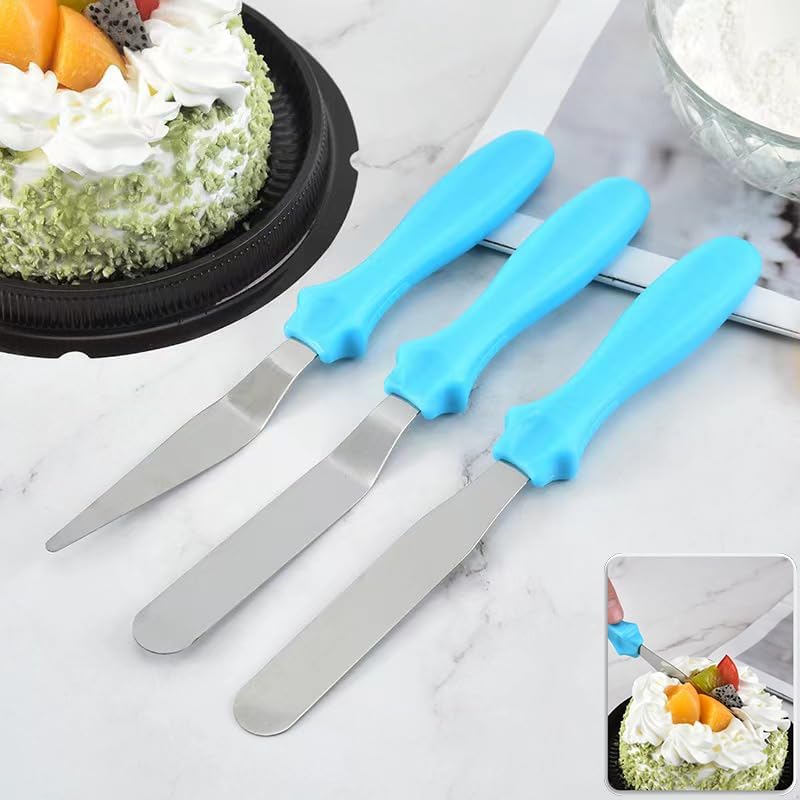 Cake Cream Spatulas, 3 Pieces of Cake Angled Spatula with Stainless Steel, Professional Cake Decorating, Pastry & Baking, Icing Frosting Cream Chocolate Cake Spatula (3 Pcs Blue) - color: 3 Pcs Blue