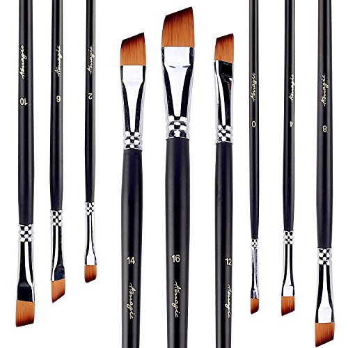 Amagic 9Pcs Angled Flat Tipped Art Paintbrush Set with Storage Container - Anti-Shedding Synthetic Nylon with Long Handle - Paint Brush for Watercolor, Acrylics, Ink, Gouache, Oil, Tempera - size: Angled Flat Tipped
