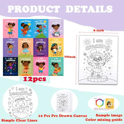 12Pcs Pre Drawn Canvas for Painting Kids 8x10 Black Girl Sip and Painting Kit for Kids Family & Friends Beginner Canvas Art Supplies Party Favors Activities Gifts for Kids Inspirational Art Set - style: Inspirational Girl