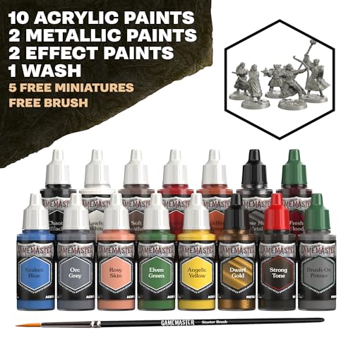 The Army Painter, GameMaster: Adventure Starter Role-playing Paint Set, 15 x 18ml Warpaints Fanatic Acrylic paints, incl. a Brush-On Primer, 5 FREE Miniatures & 1 Brush - For Warhammer & Dnd - color: Adventure Starter Paint Set