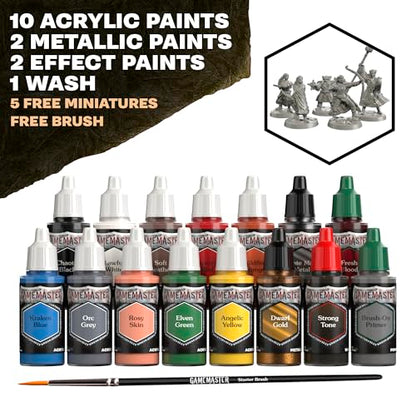 The Army Painter, GameMaster: Adventure Starter Role-playing Paint Set, 15 x 18ml Warpaints Fanatic Acrylic paints, incl. a Brush-On Primer, 5 FREE Miniatures & 1 Brush - For Warhammer & Dnd - color: Adventure Starter Paint Set
