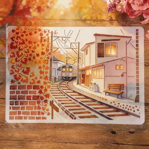 TIAMECH A4 Reusable Railway Train Stencil for Painting | Town House Layering Template, DIY Wall Art, Wood Furniture, Scrapbook & Crafts (8.3x11.7inch) - style: Railway Train