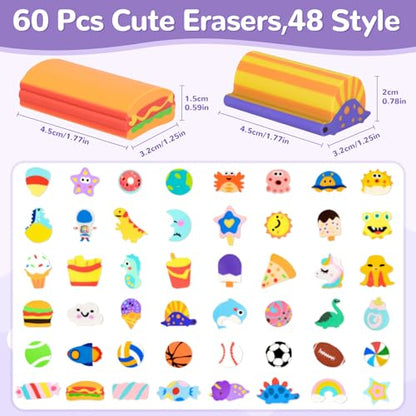 LiYiQ 60 Pcs Cute Eraser for Pencils Bulk Cute Supplies Kawaii Erasers for Classroom Fun Erasers for Classroom Supplies Party Favors Gift
